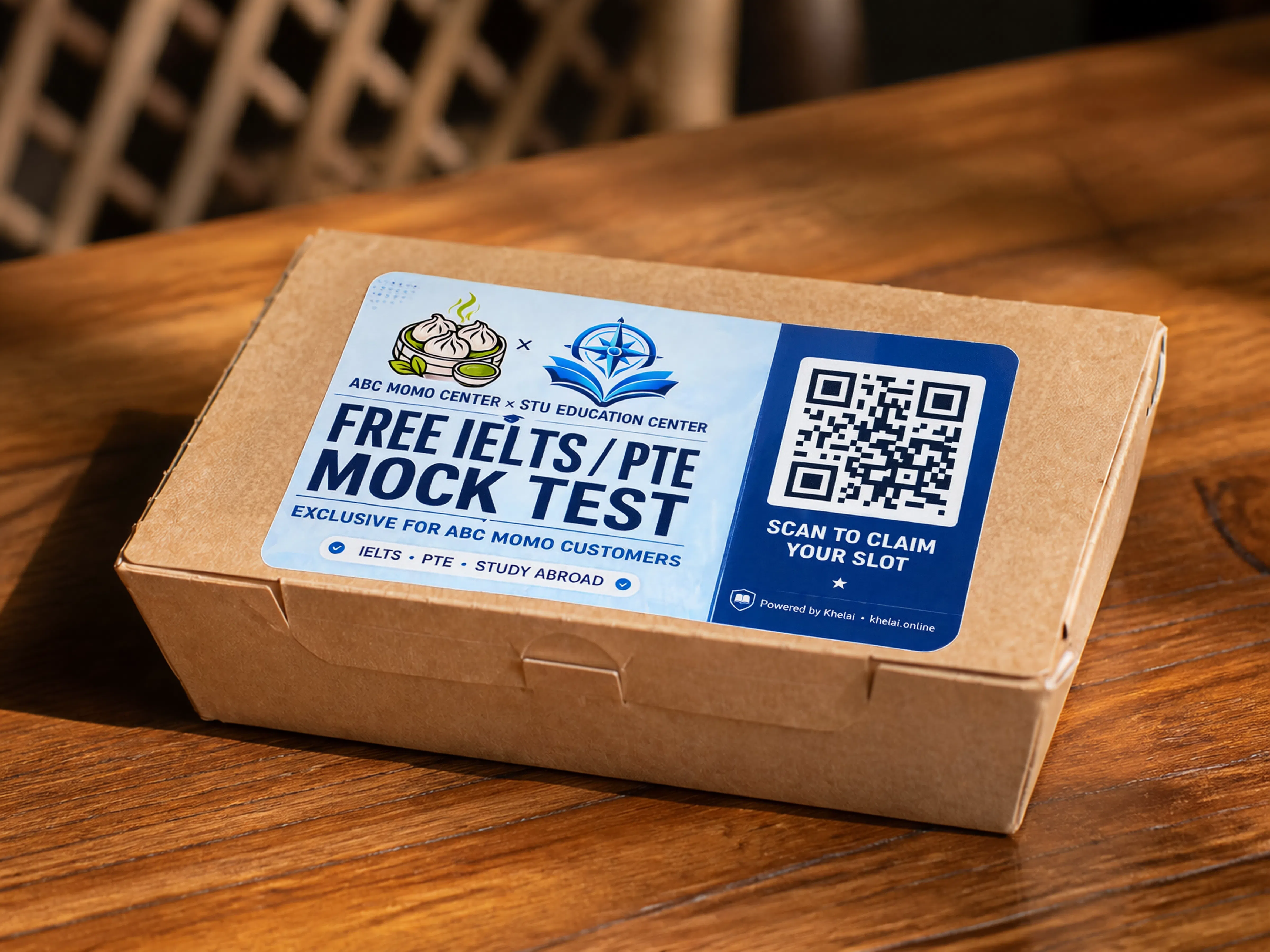 ABC Momo Center and STU Education offer sticker on a paper takeaway box